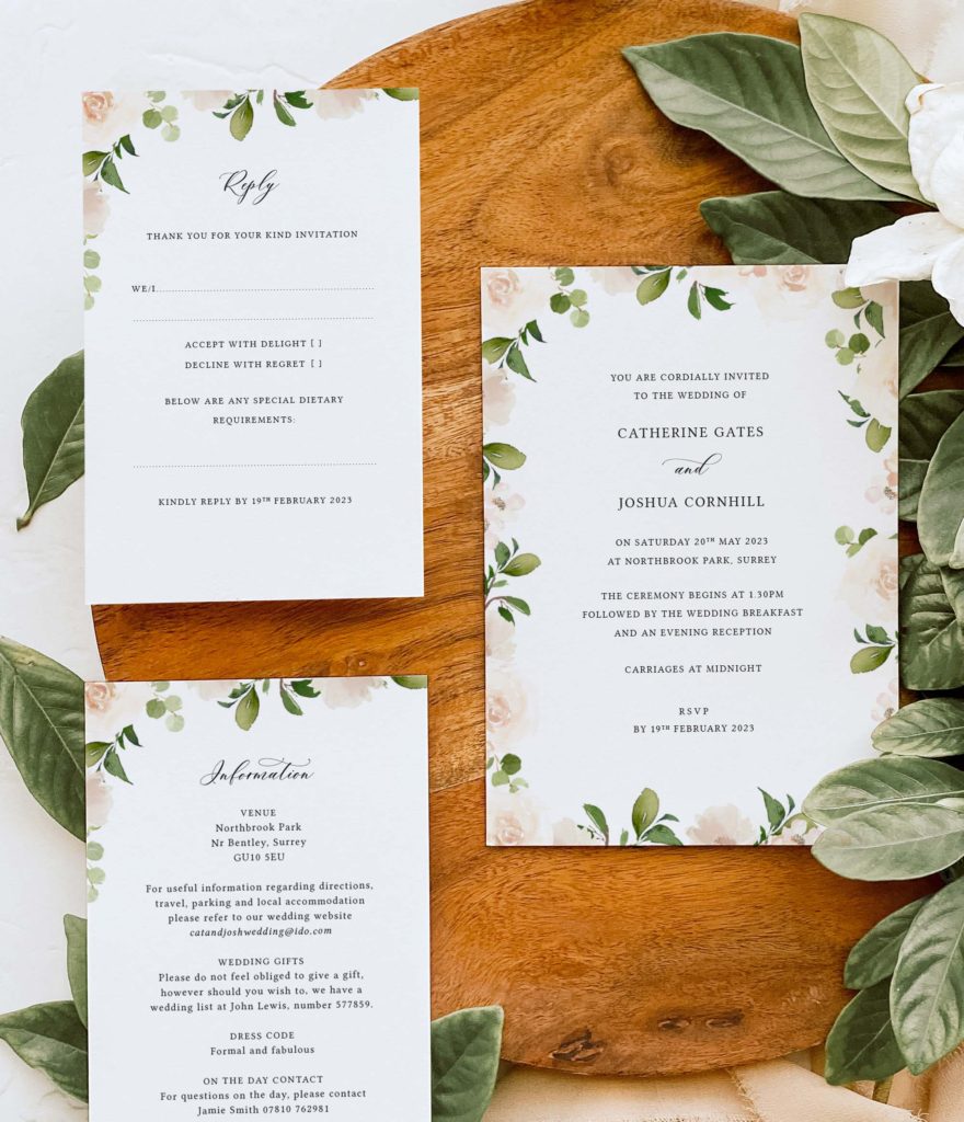 Vintage Rose White wedding invitations with watercolour roses and leaves