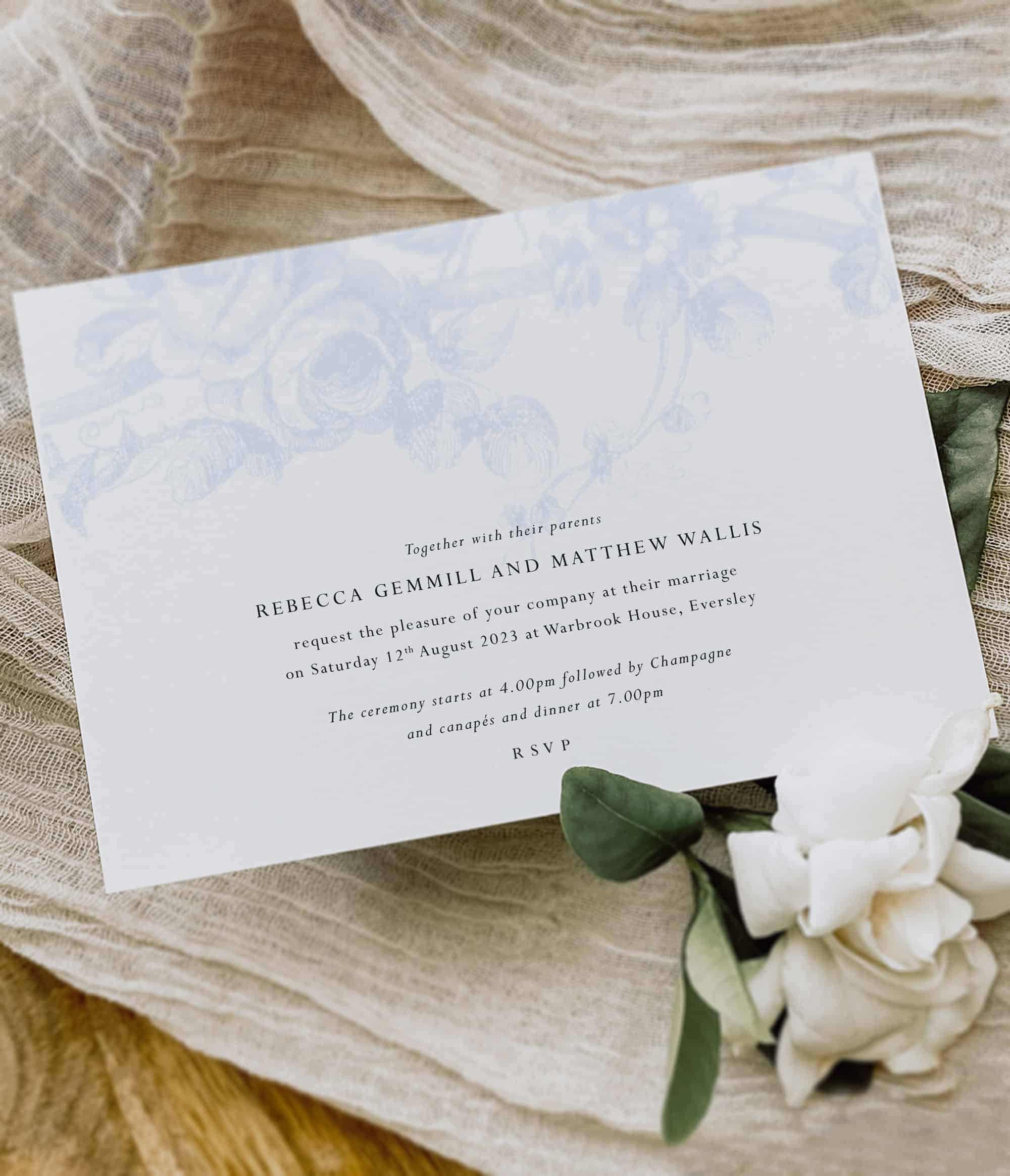 Vintage blue inspired wedding stationery and on the day items