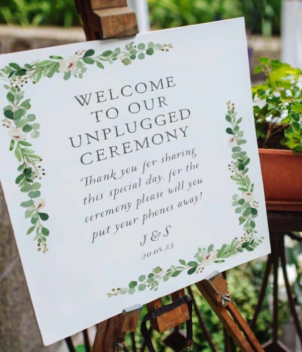 Botanical unplugged wedding sign