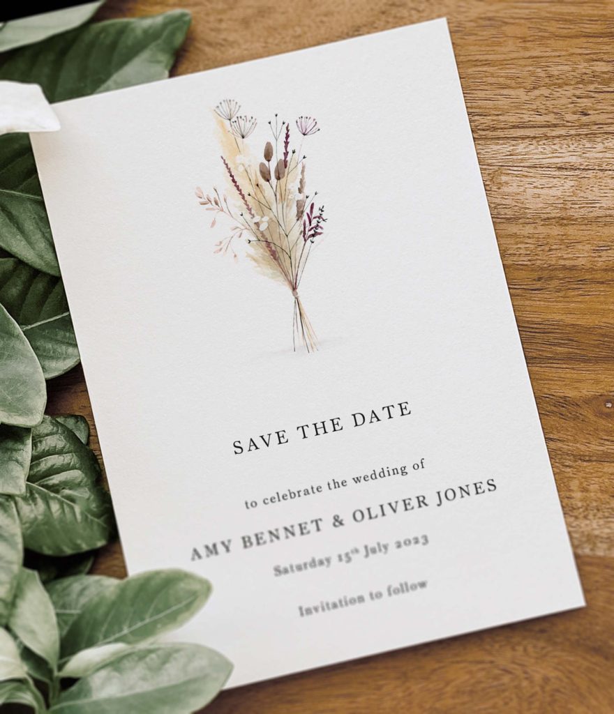 charm boho rustic save the date card with pampas grass and dried flowers