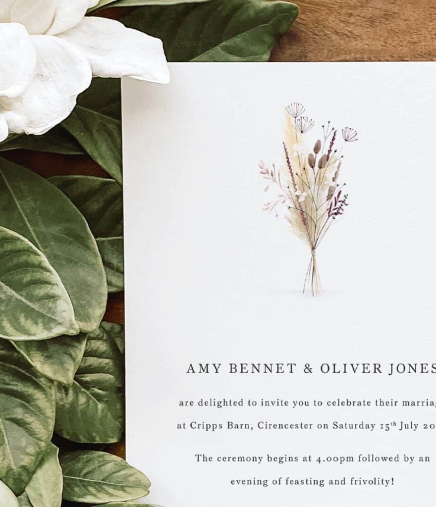 Dried flower and pampas grass detail of wedding invitation