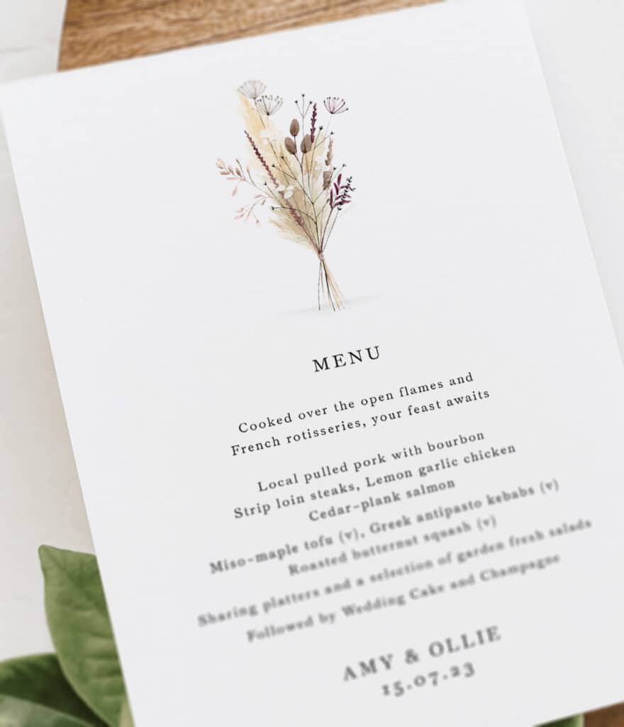 Dried flower and pampas grass wedding menu