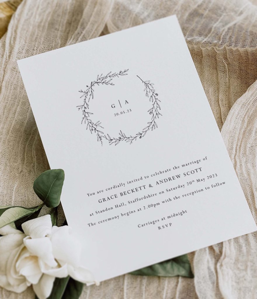monagram wreath wedding invitation design