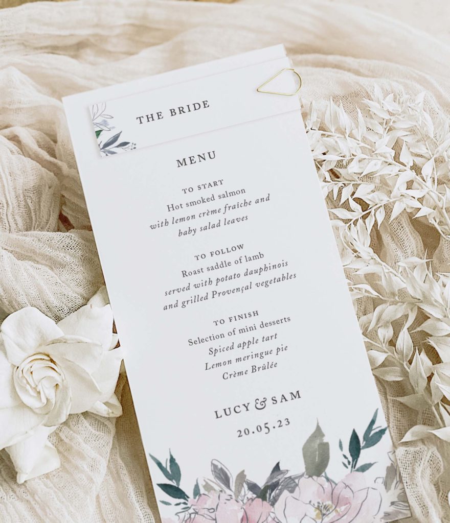 Romantic modern floral wedding table menus with paperclip place card