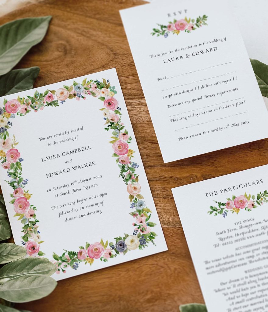 Rustic watercolour floral wedding invitations