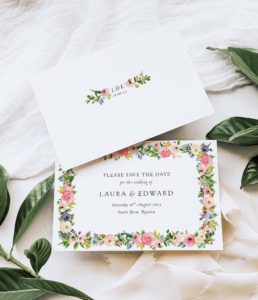 Garland rustic wedding save the date card with watercolour flowers