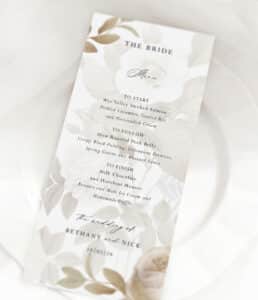 Glamorous vintage floral wedding stationery - Songbird personal menu