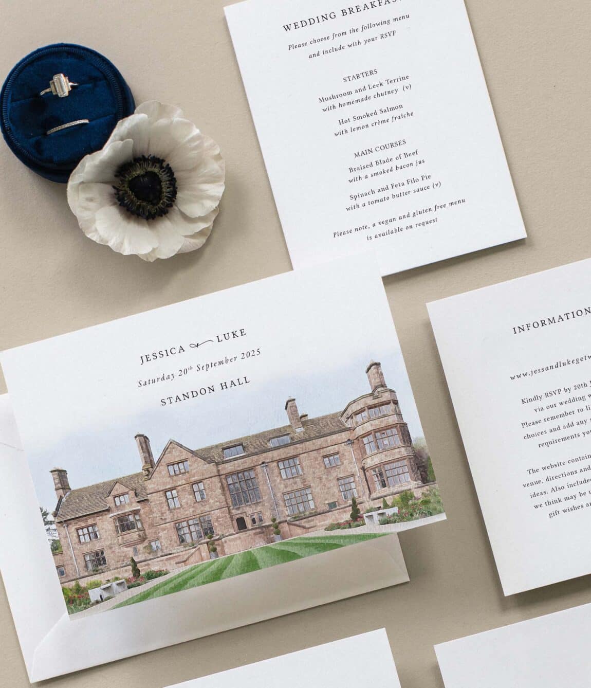 Standon Hall illustrated wedding venue wedding invitation shown on a beige background. this shows a watercolour style venue illustration on a white card