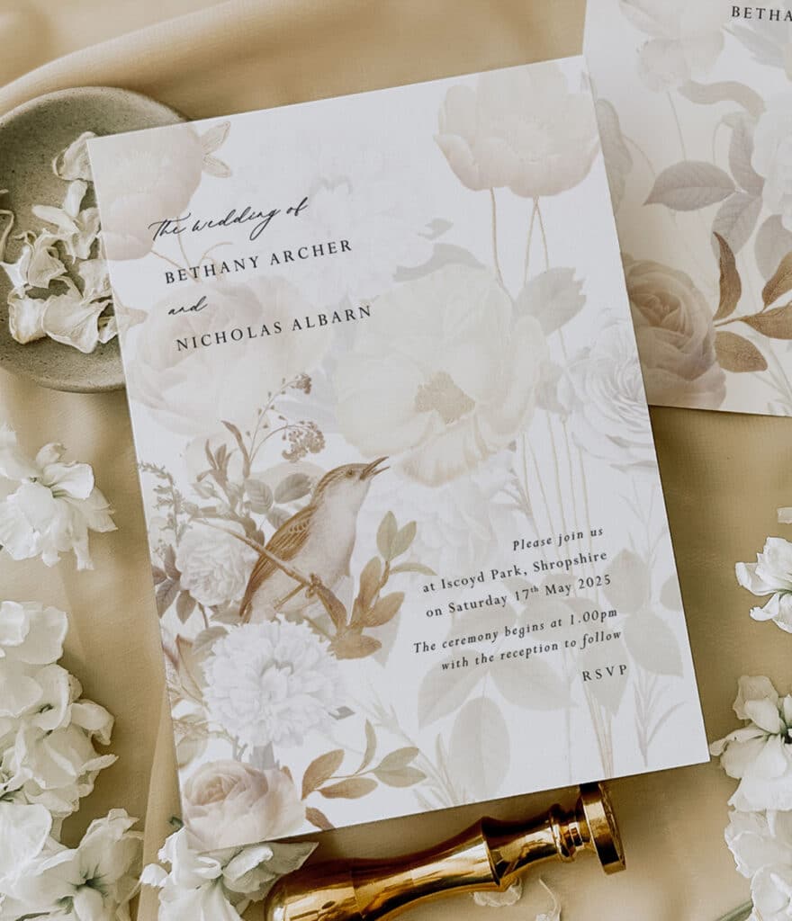 elegant cream vintage wedding invitation with wax stamp - songbird