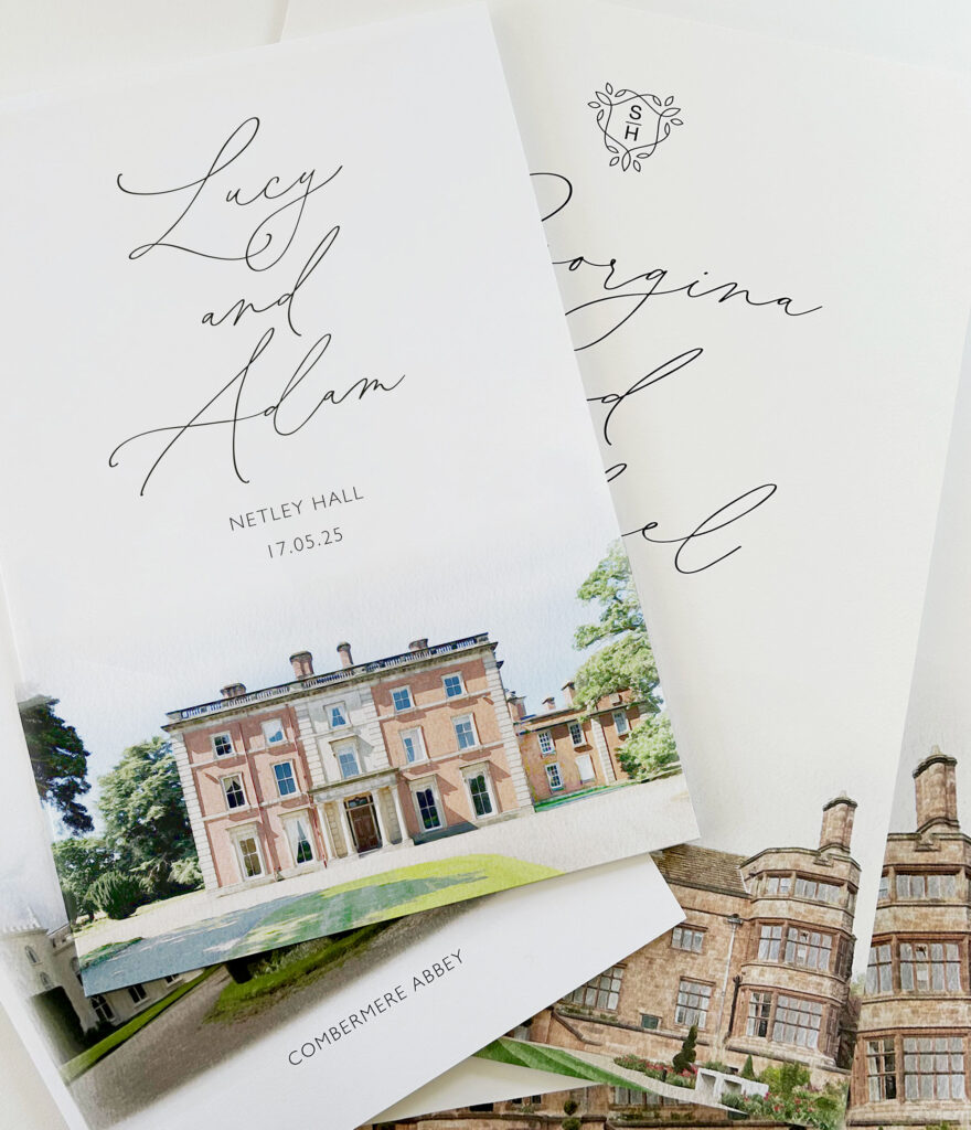 wedding welcome signs showing watercolour style illustrations of shropshire wedding venues