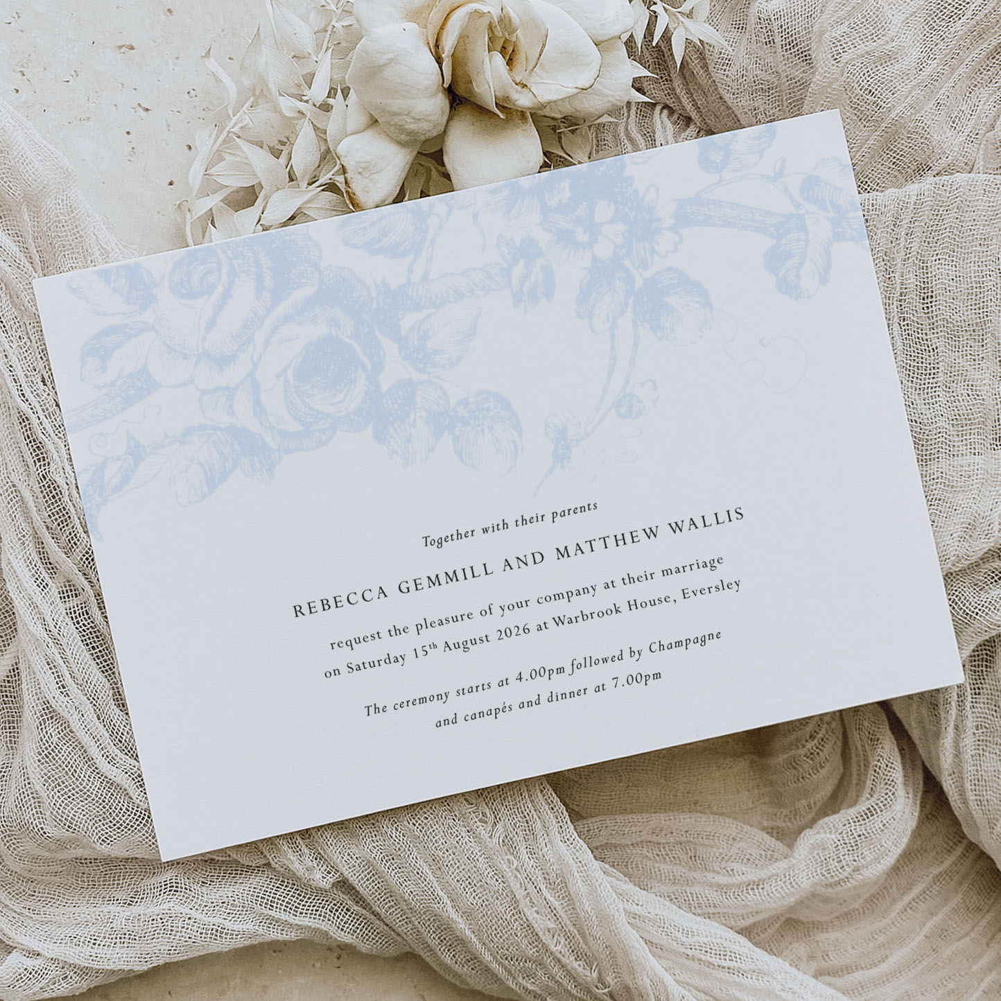 showing Beauty - Romantic blue wedding invitation and on the day stationery_