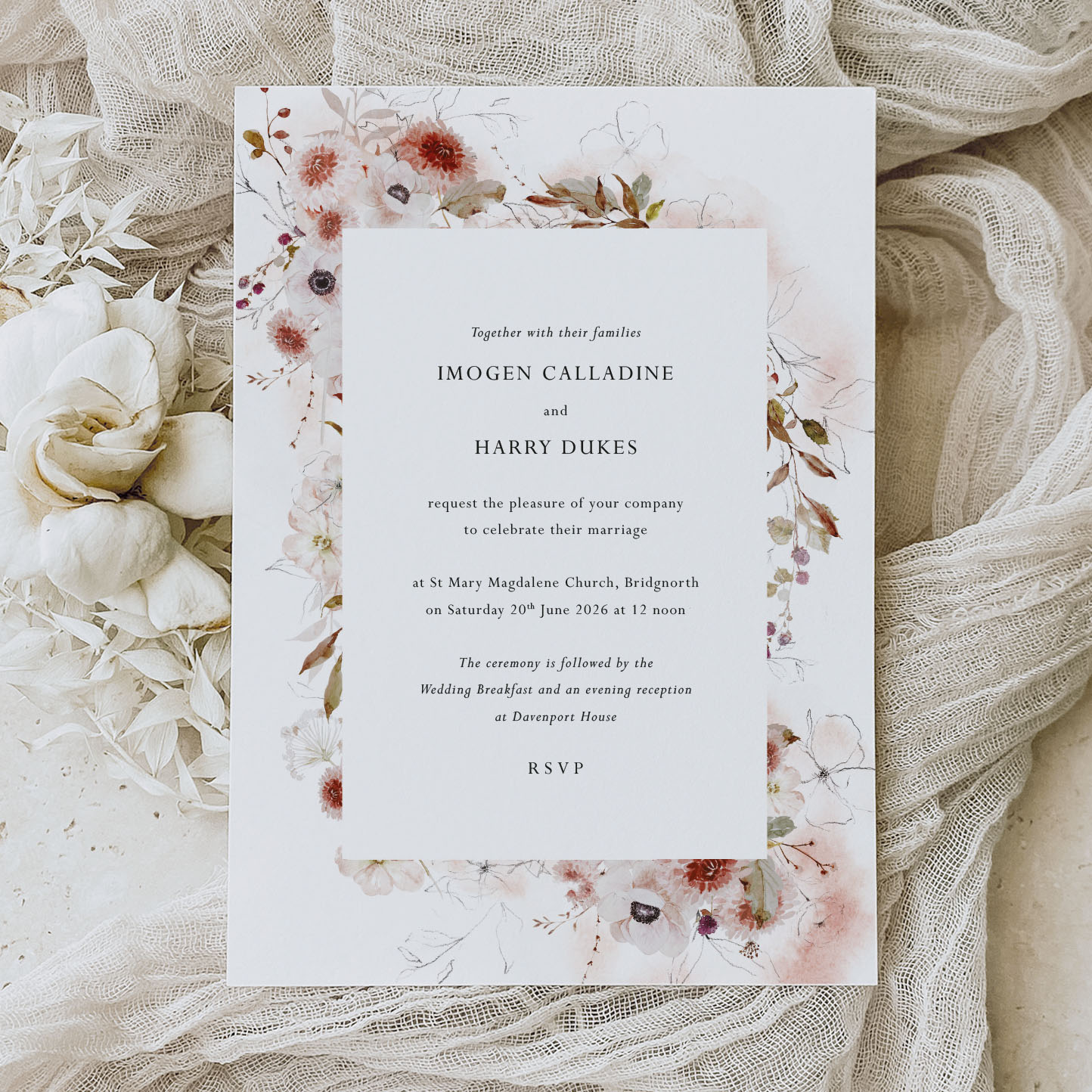 showing Dahlia - Romantic wedding invitation and on the day stationery-