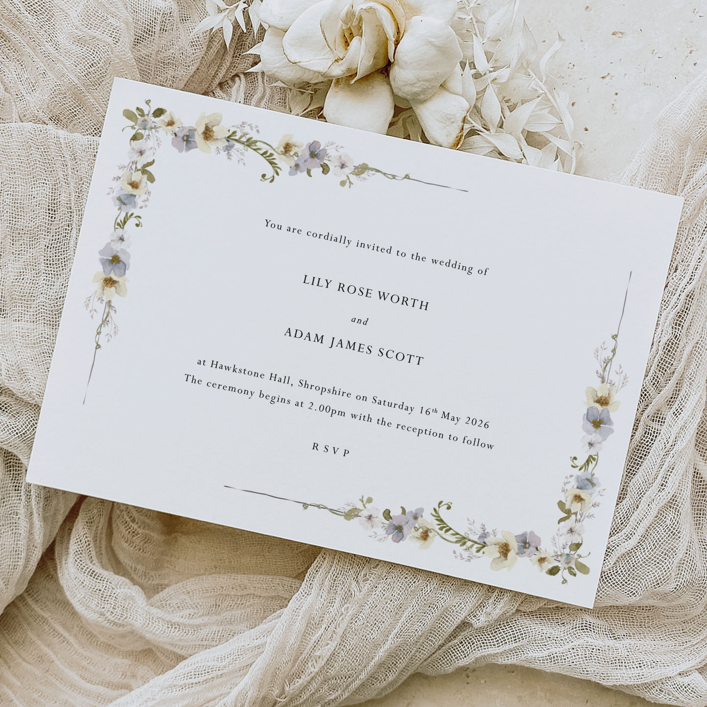 Showing Danbury - Romantic Bridgerton wedding invitation and on the day stationery design on cream background