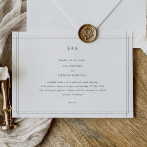 Showing Eva - simple modern wedding invitation and stationery design, here on a background of a wooden board and a wax seal