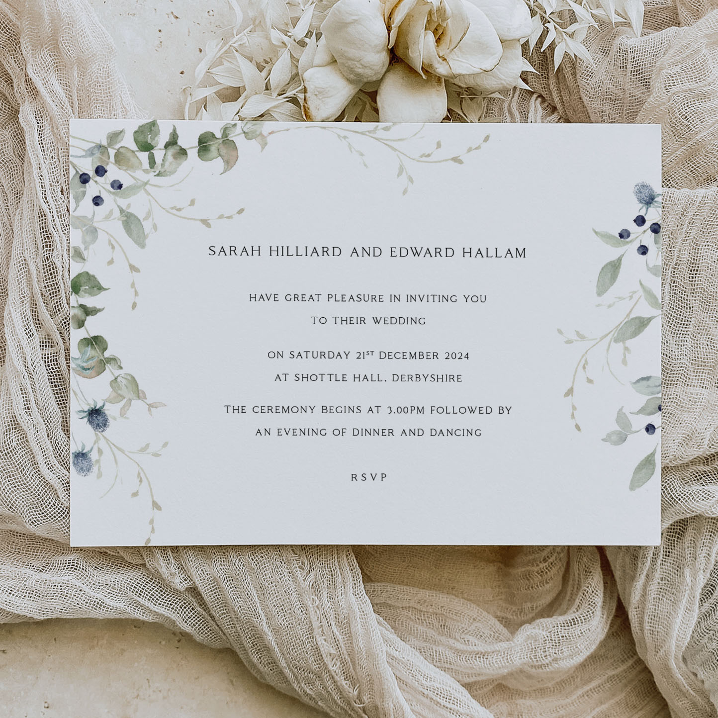 Showing First Frost - winter themed wedding stationery design on cream background