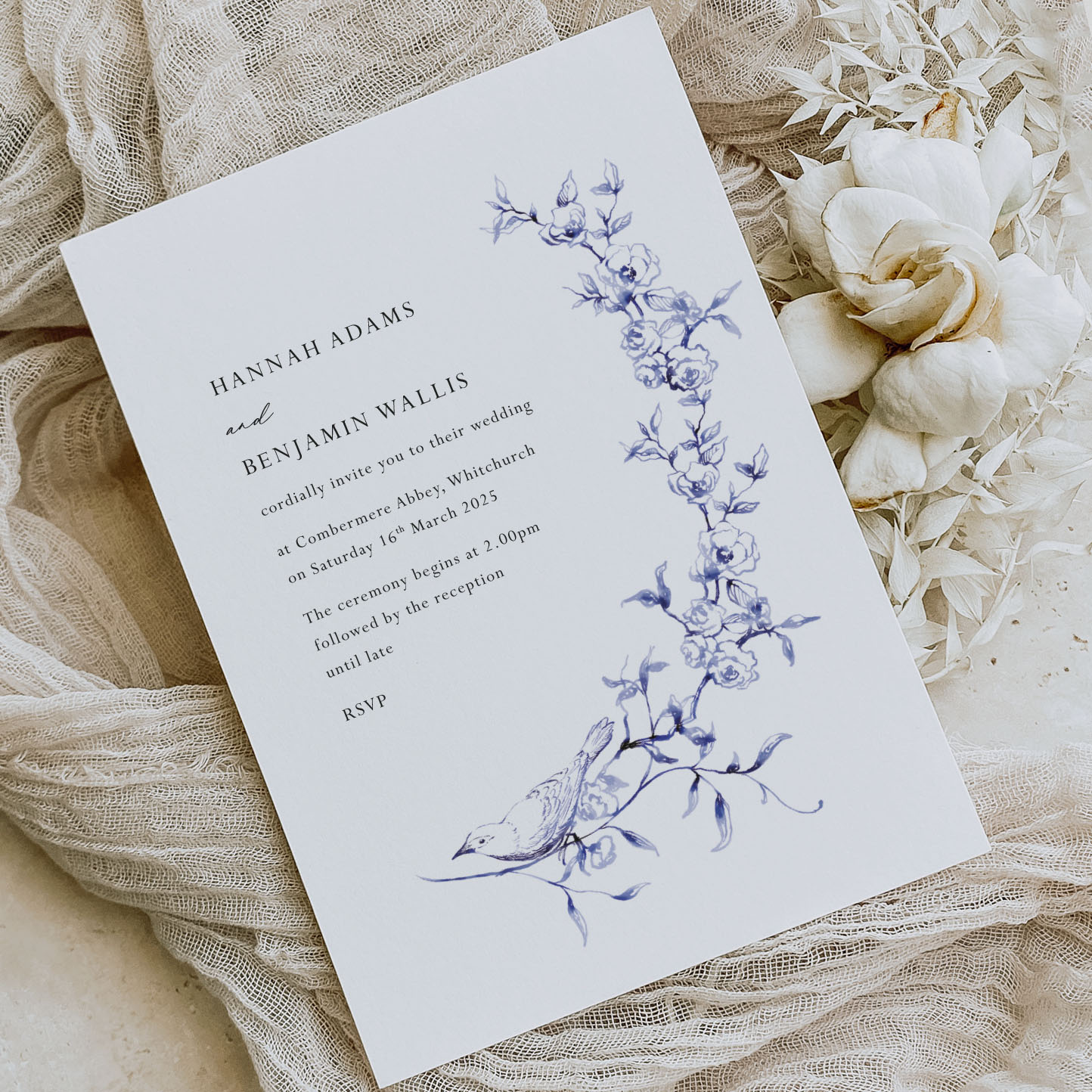 Garden Bird - Romantic wedding invitations and stationery design shown on cream background