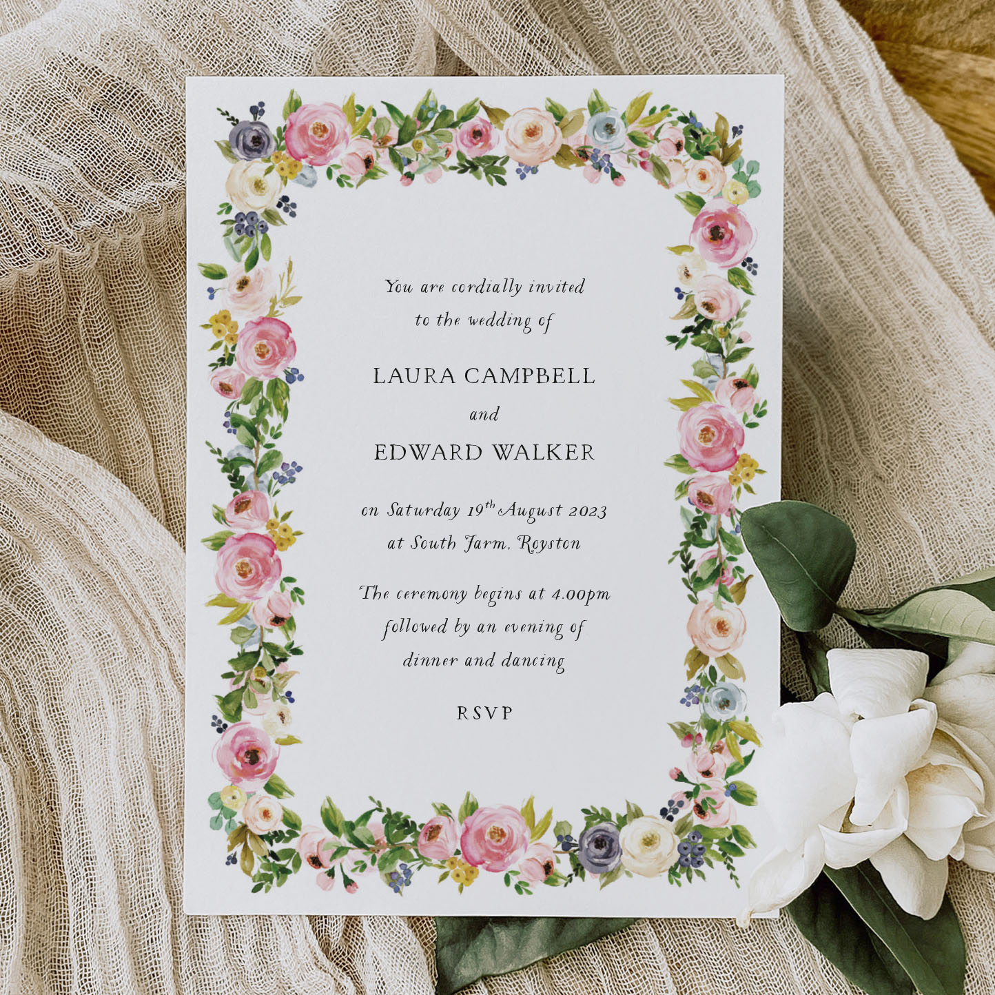 Showing Garland - Rustic Floral wedding stationery colleection on a wooden board