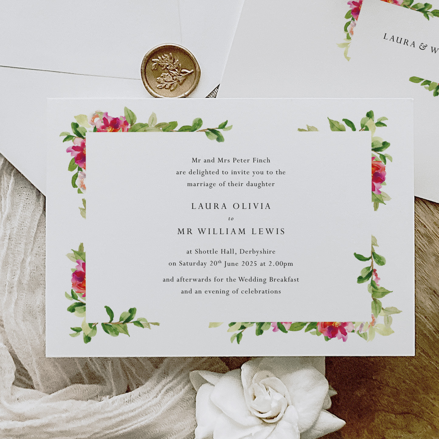 showing Peony- Floral wedding invitations
