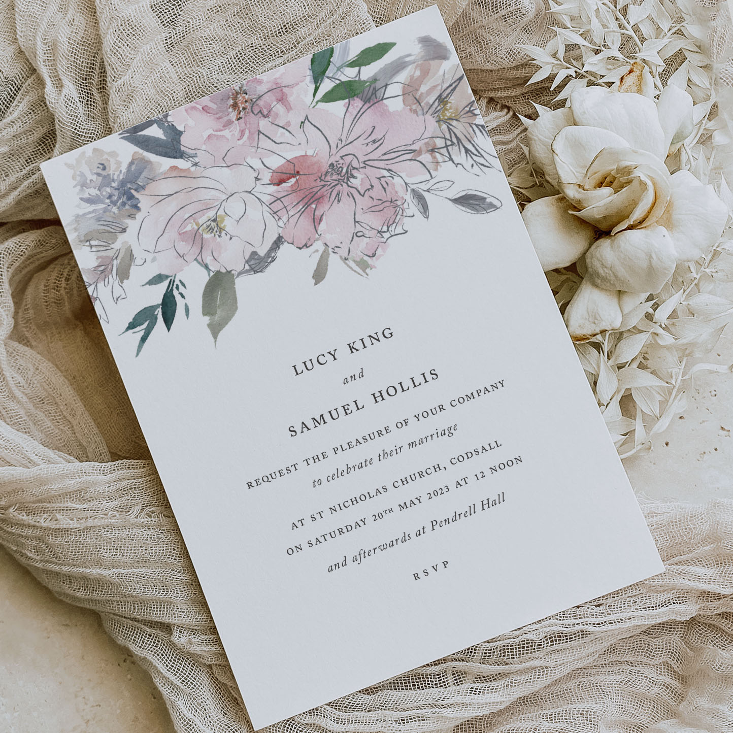 Romance - Romantic wedding invitations with muted floral illustration on white card shown on cream background