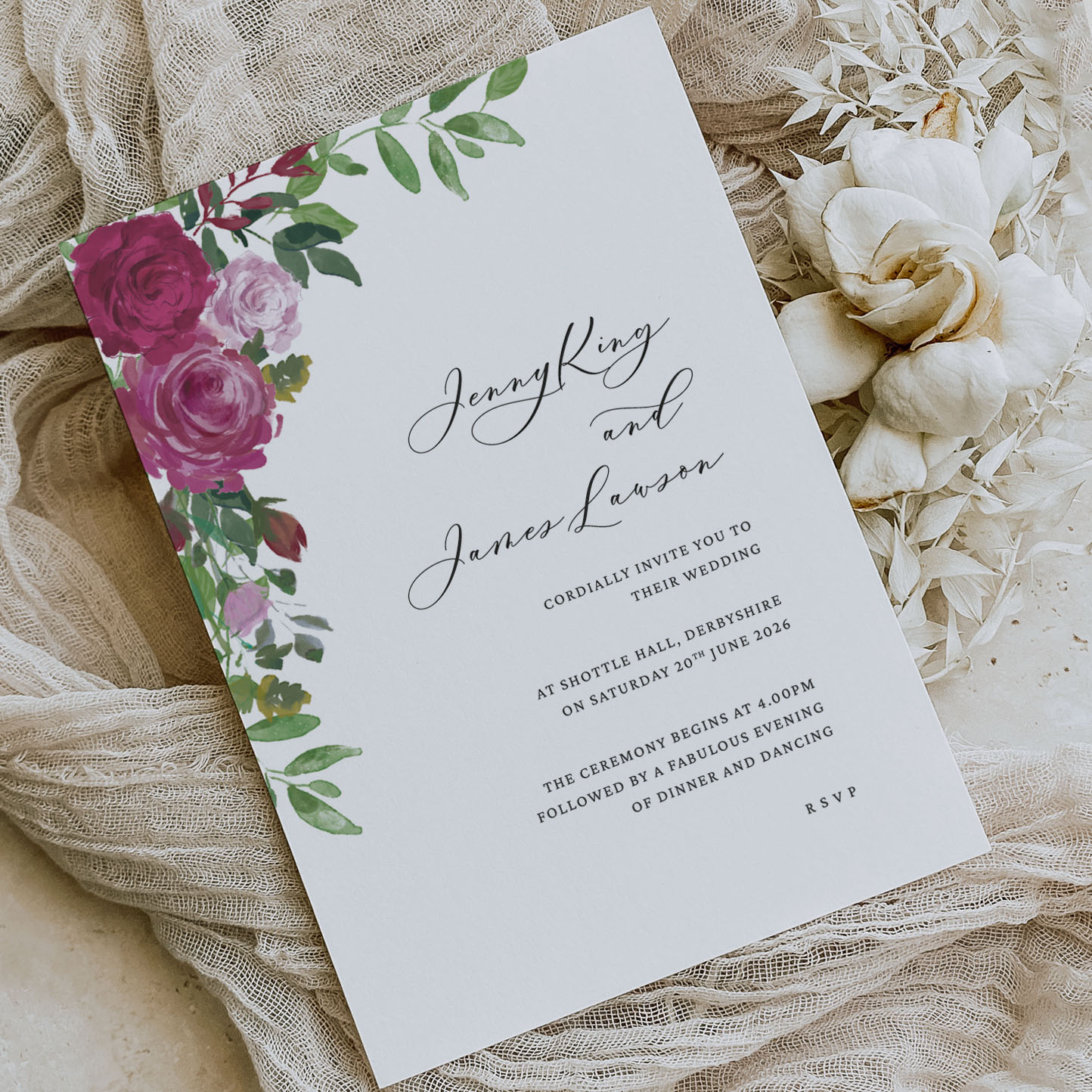 showing Rosa red rose floral wedding invitation