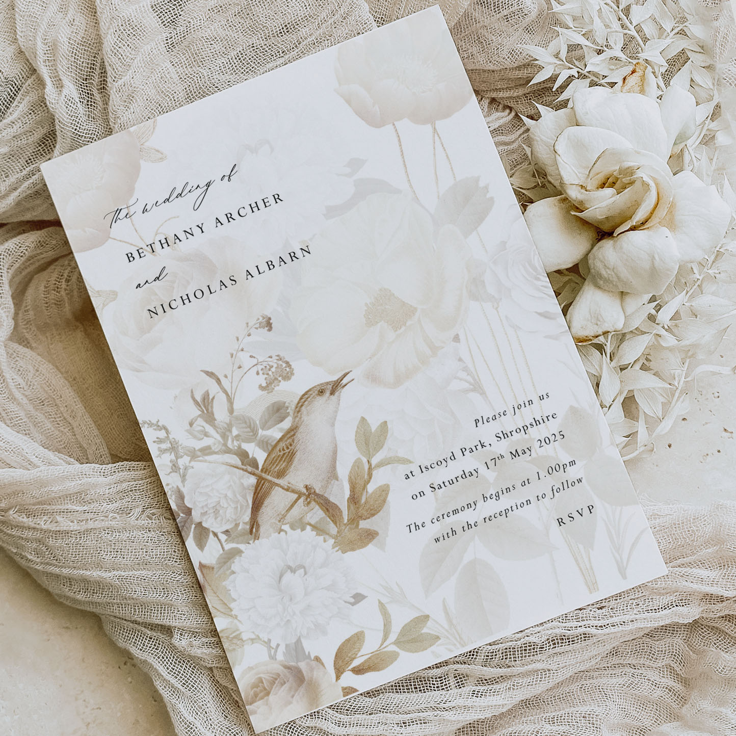Songbird - romantic glamorous wedding stationery and invitations on cream fabric