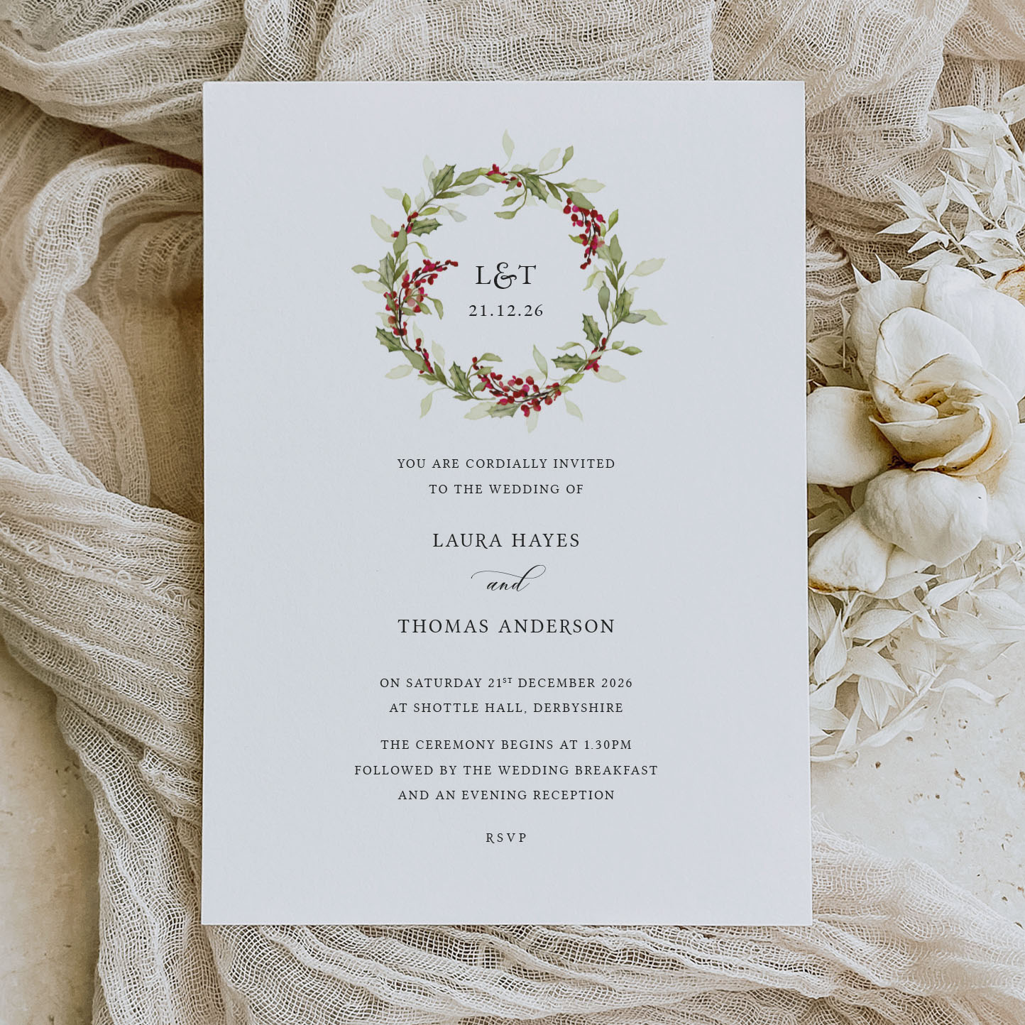 showing Winter berries - Christmas wedding invitation and on the day stationery_