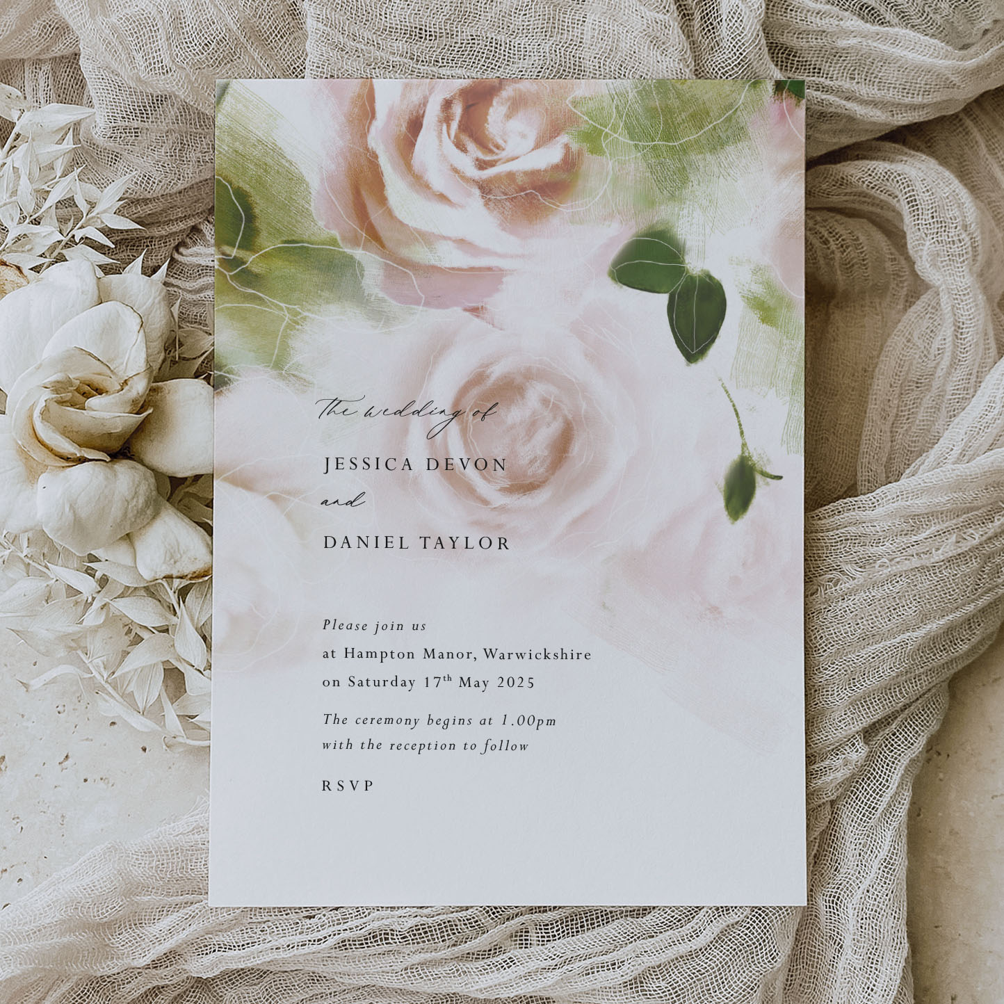showing the design whisper - painted floral romantic wedding stationery collection on cream background