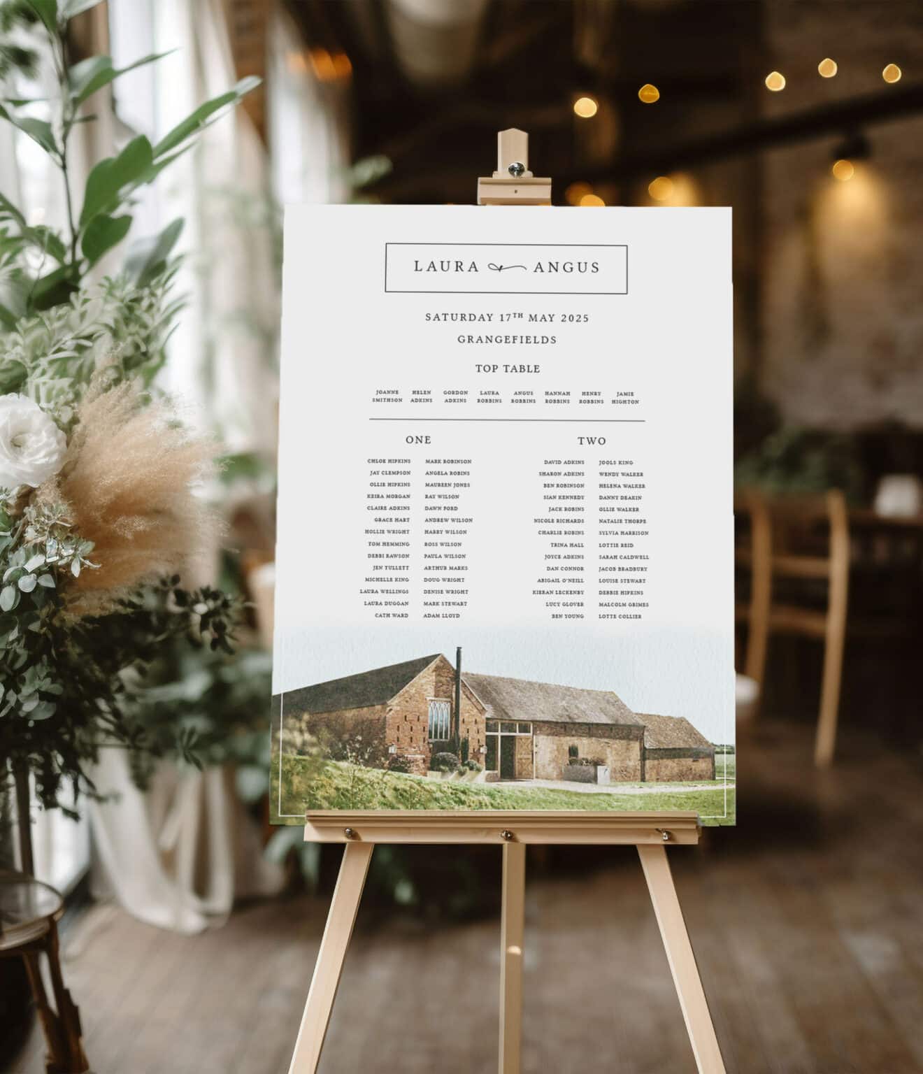 grangefields wedding venue table plan with illustration shown on easel