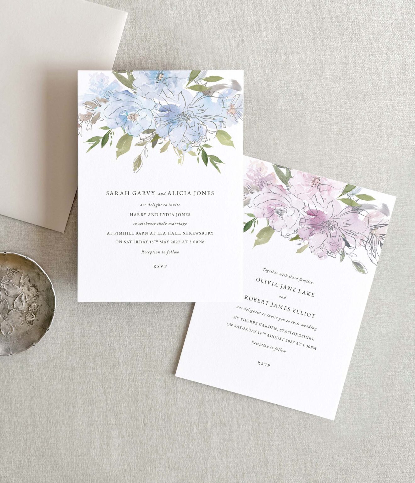 2 wedding invitations with modern floral design showing 2 colour options