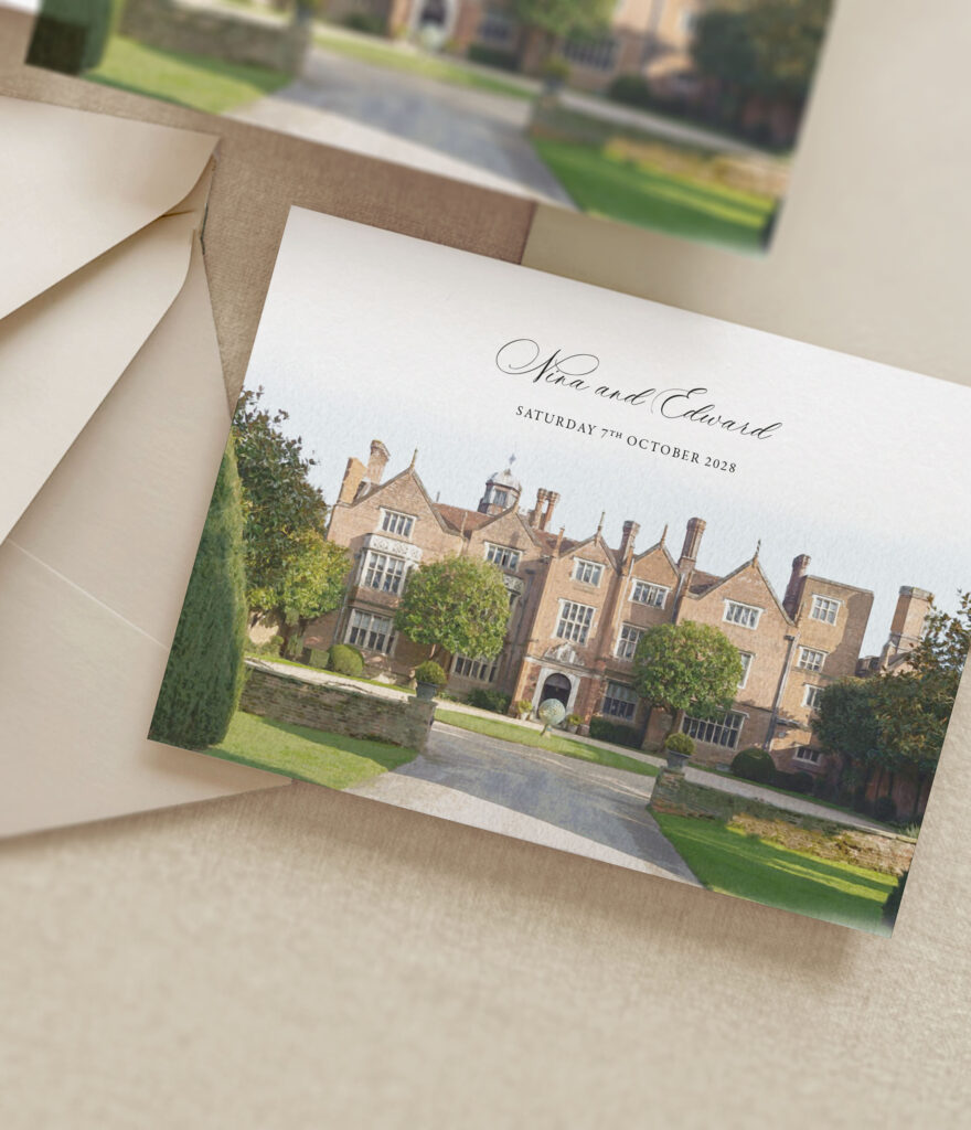 great fosters wedding venue illustration wedding invitation with a cream envelope
